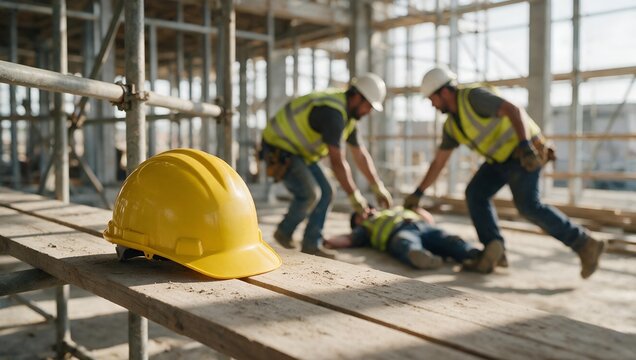 Construction Workers Providing Emergency Aid to an Injured Colleague on a Building Site Floor