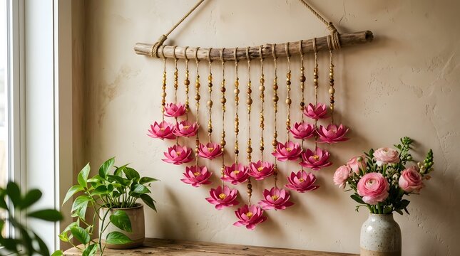 Bohemian wall hanging with pink flowers and potted green plants in a bright room