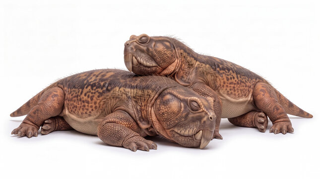 Photorealistic pair of Teyumbaita sulcognathus sleeping, isolated on white background, showing peaceful resting behavior and scientifically accurate paleontological reconstruction.