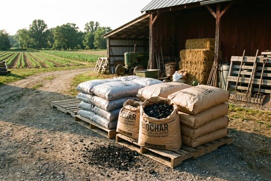Sacks of agricultural biochar ready for soil amendment stacked on a wooden pallet