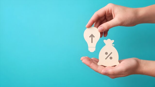 Hands Holding Lightbulb with Upward Arrow and Money Bag Symbol Representing Interest Rate Growth