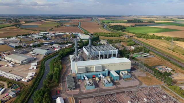 Aerial view of gas turbine power station building and electrical substation in Spalding UK