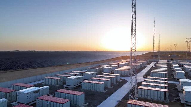 rows of battery containers at energy storage power station
