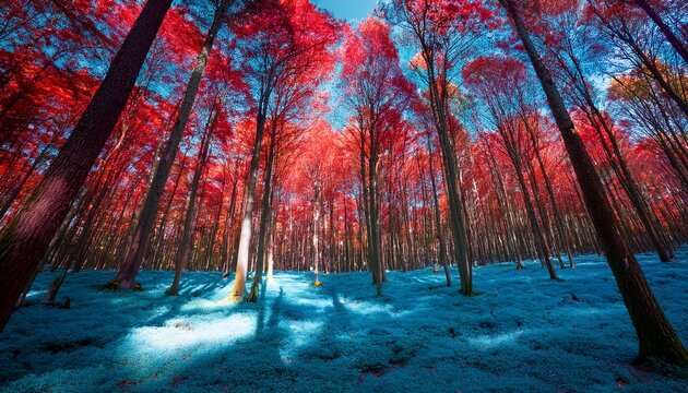 Surreal Forest With Vibrant Red Trees And Blue Ground Shadows