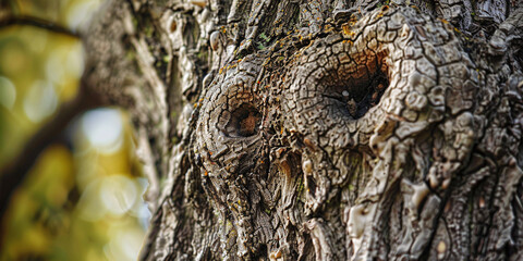 Obraz premium Detailed close-up shot showing unique patterns on rough tree bark featuring unusual knot holes resembling wide eyes in a natural woodland setting creating an intriguing visual texture for design proje
