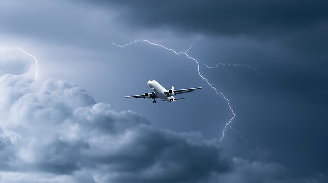 A commercial airplane navigate through a severe storm with dramatic lightning strikes piercing through dark storm clouds in a tense atmosphere