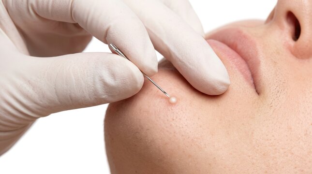 Close up of dermatologist hands in gloves piercing a whitehead pimple or milia on patient chin with a sterile medical needle