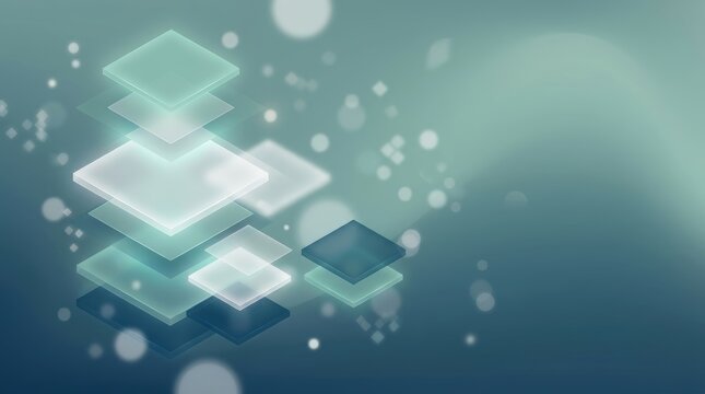 Translucent geometric panes float in a stacked formation against a glowing teal bokeh background