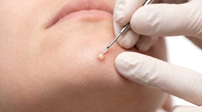 Dermatologist using an acne extractor tool to press and remove a purulent pimple on patient chin