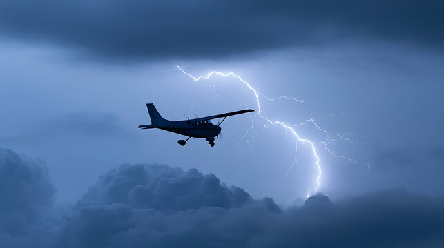 Small propeller airplane silhouetted against dramatic dark storm clouds with a bright flash of lightning illuminating the turbulent sky weather