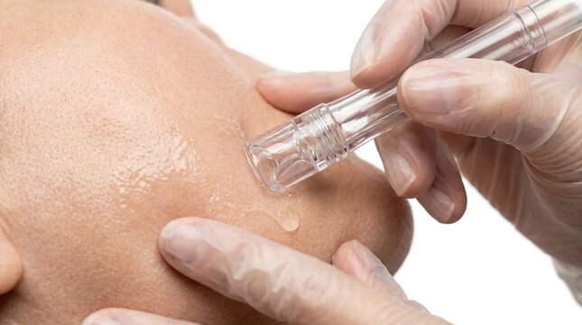 Close up of dermatologist administering skin booster injection or mesotherapy gel on patient skin.