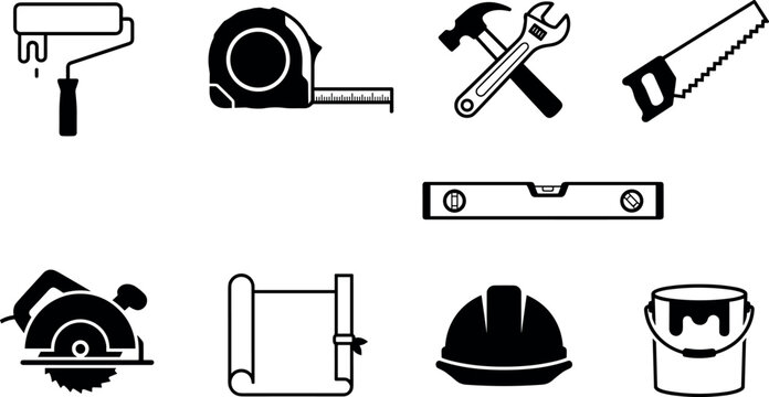 Construction tools icon set featuring saw hammer paint roller helmet blueprint tape measure level for building renovation engineering website UI vector