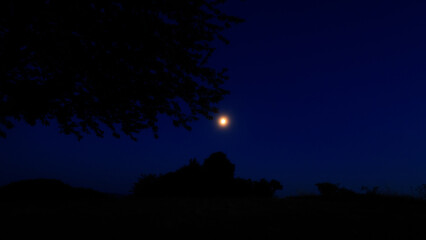 Moon on a twilight sky with stars, planets and landscape mountain silhouettes. © astrosystem