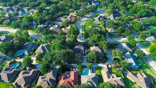 Turquoise swimming pools dot private backyards along cul de sacs near Belt Line Road corridors. Verdant tree groves border established family homes across Coppell, Texas