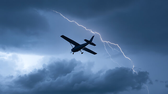 A small airplane silhouette flies dangerously close to a powerful lightning bolt during a severe storm in the dark dramatic cloudy sky