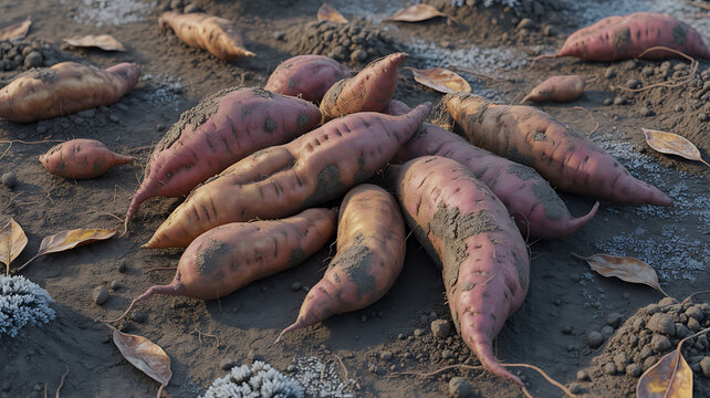 Freshly harvested sweet potatoes on soil, organic raw yams in farm field. Pile of dirty sweet potato tubers on ground, agricultural root vegetable crop.