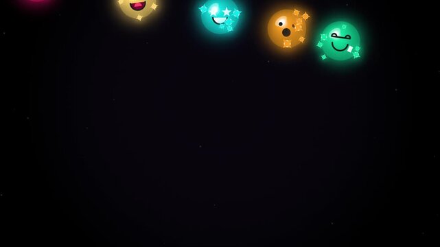 Cute Glowing Colorful Emoji Orbs Character Animation Loop with Sparkle Effects Floating on Dark Black Background for Motion Graphics Overlay (154 Characters)