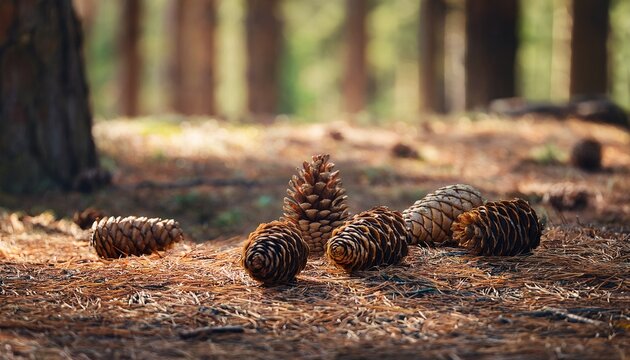 Pine Cones Lie On The Ground In The Forest In Early Autumn