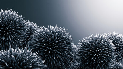 Fototapeta premium Dark spherical virus background with dense radial spikes, dramatic monochrome texture, microscopic structure, and atmospheric depth for science or medical research