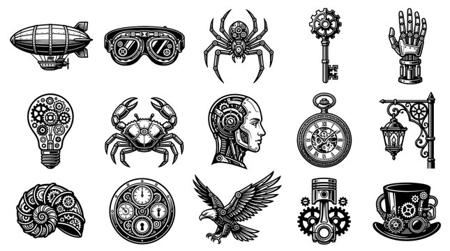 Set of fifteen detailed steampunk icons featuring mechanical animals and vintage objects in a classic black ink style