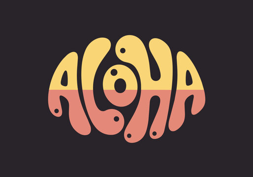 Retro "Aloha" text with wavy lettering in yellow and pink, isolated on transparent alpha, perfect for travel ads, Hawaiian themes and summer promotions.