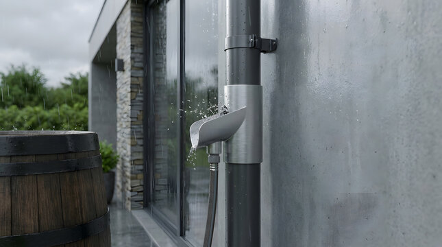 Rainwater diverter installed on a modern home downpipe collecting water during a storm.