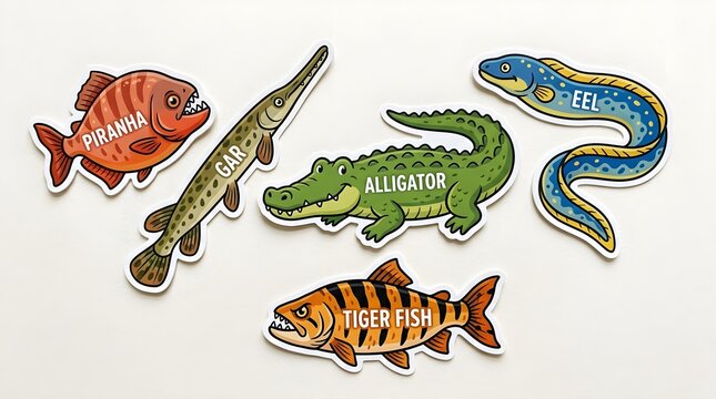 Set of dangerous predatory river fish and reptiles including piranha alligator gar eel and tiger fish in cartoon style