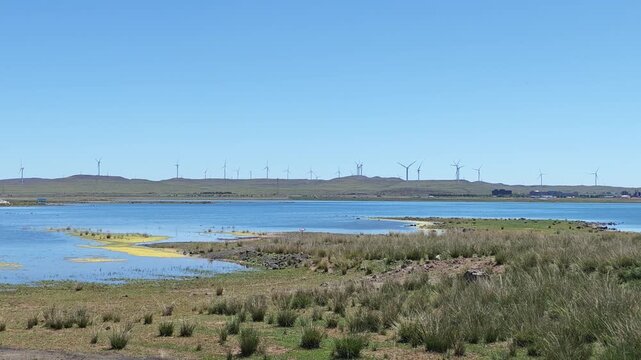Scenic landscape of salt lake wetland and distant wind turbines in summer in Ulan Hada Volcano Geopark, Ulanqab, Inner Mongolia, China