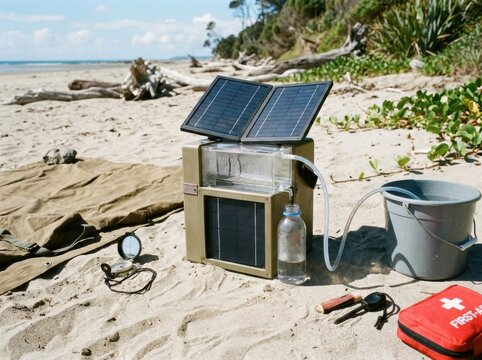 Portable solar powered desalination unit purifying seawater on a beach