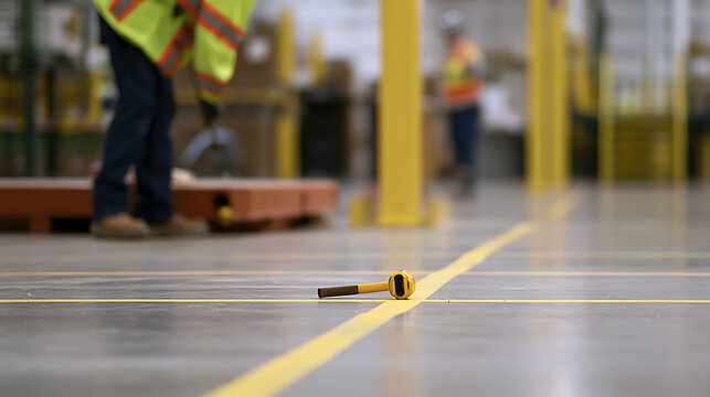Industrial warehouse interior with a small tool resting on a glossy concrete floor near yellow safety lines and blurred workers in the background