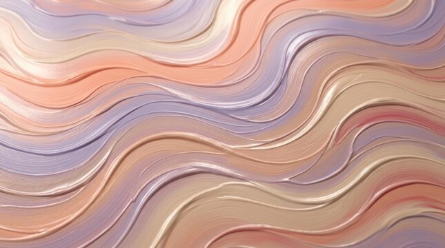 Wavy brushstrokes of pastel cosmetic cream create a textured pattern in lavender, peach, and beige tones