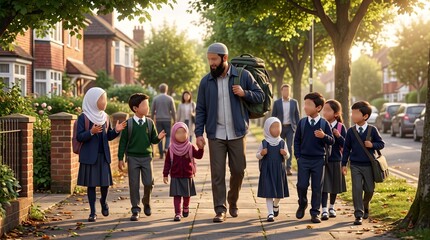 Fototapeta premium Muslim Father Walking Home with School Children on Residential Sidewalk, Faceless 3D Illustration