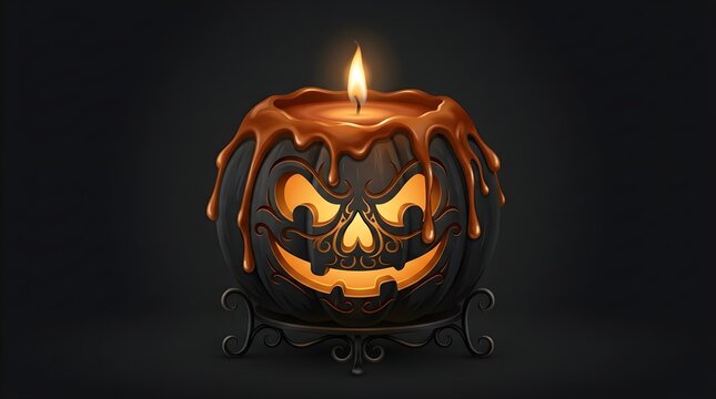 A sinister black jack-o-lantern candle melts orange wax while glowing brightly on a metal stand.