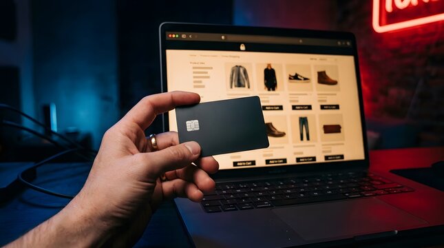 Person holding black credit card for online shopping on laptop