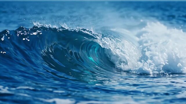 A rolling blue ocean wave breaks with white foam spray in the middle of the sea with cresting breaking white video powerful blue transparent environment wilderness with foam open