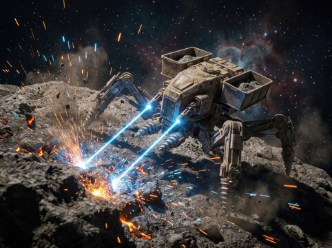 Space exploration vehicle extracting resources from asteroid with lasers