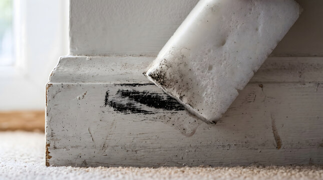 Using a melamine sponge to clean scuff marks from a white baseboard.