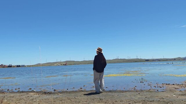 One Asian woman enjoying scenic landscape of salt lake wetland and distant wind turbines in summer in Ulan Hada Volcano Geopark, Ulanqab, Inner Mongolia, China