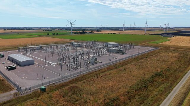 Aerial View of 400kV Substation Grid Connection and Wind Farm in Lincolnshire UK