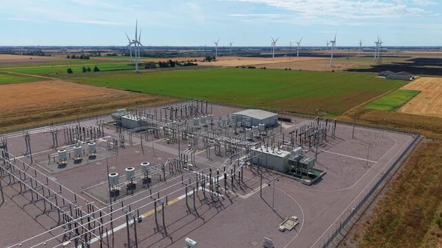 Aerial View of 400kV Substation Grid Connection and Wind Farm in Lincolnshire UK