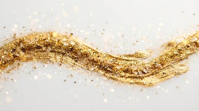 Golden glitter dust wave trail on light gray background with gold dust sparkle trail abstract