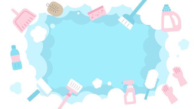 水色の泡と掃除用品がふわふわ動く20秒ループアニメーション