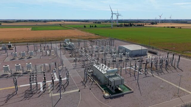 Aerial View of 400kV Substation Grid Connection and Wind Farm in Lincolnshire UK