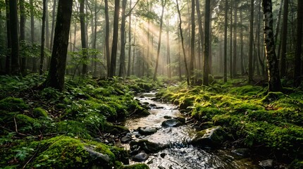 Fototapeta premium Sunlight streaming through tall trees in a lush green forest with a small flowing mountain stream