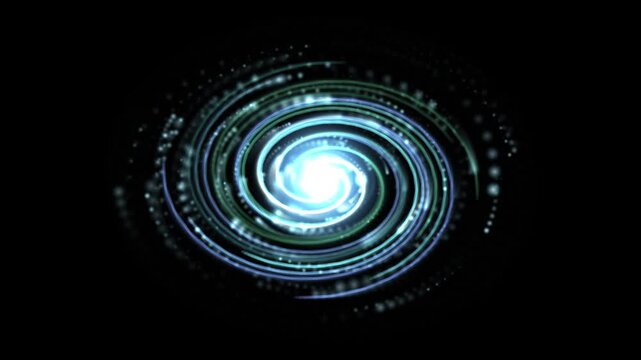 Glowing Green Purple Spiral Galaxy Vortex Rotating Particle Energy Core Motion Graphic Black Background 4K Video