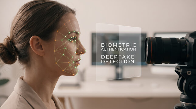 Woman authenticating identity with biometric deepfake detection mesh