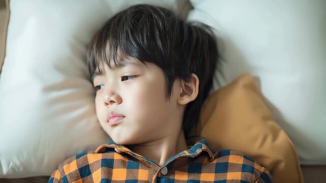 憂鬱そうな表情でベッドに寝転がる男の子