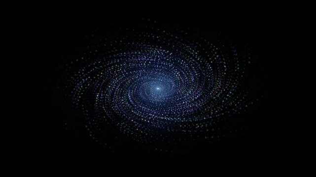 Glowing Blue Purple Spiral Galaxy Swirling Particle Vortex Stardust Motion Graphic Black Background 4K Video