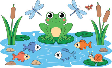 Fototapeta premium Cute cartoon pond life vector illustration with a green frog dragonflies fish lily pads and cattail plants isolated on white background