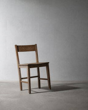 Photorealistic business concept showing a plain wooden chair standing on a bare floor with one of its four legs shorter than the rest so it tilts slightly, plain wall behind. Visual metaphor for.